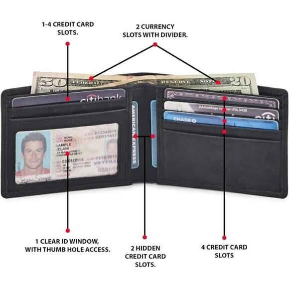 Genuine Leather Mens Bi fold Wallet RFID Blocking Slim Pocket Thin ID BLACK NEW - Picture 2 of 6